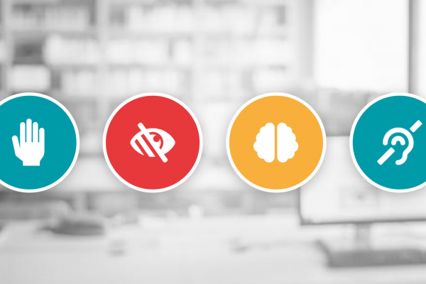 Icons representing different types of disabilities: motor, visual, cognitive, and hearing