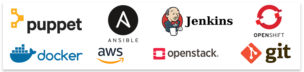 "logos for puppet, ansible, jenkins, openshift, docker, aws, openstack and git"
