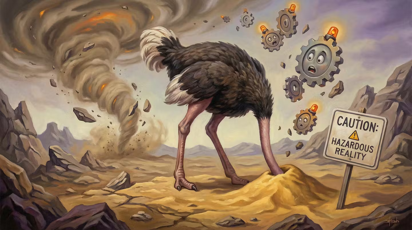 Ostrich with head in sand, ignoring the hazardous reality