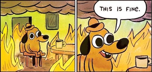 "This is fine" - classic meme with a dog enjoying his coffee in a burning house